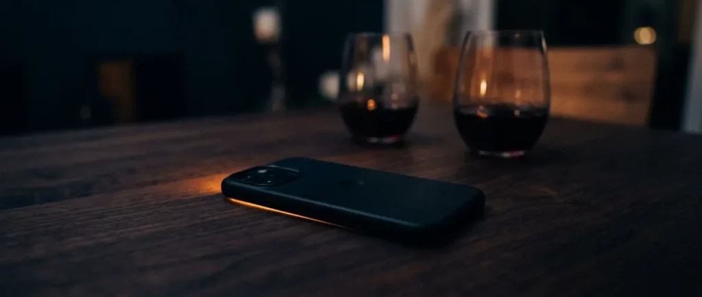 Téléphone portable retourné sur une table de nuit