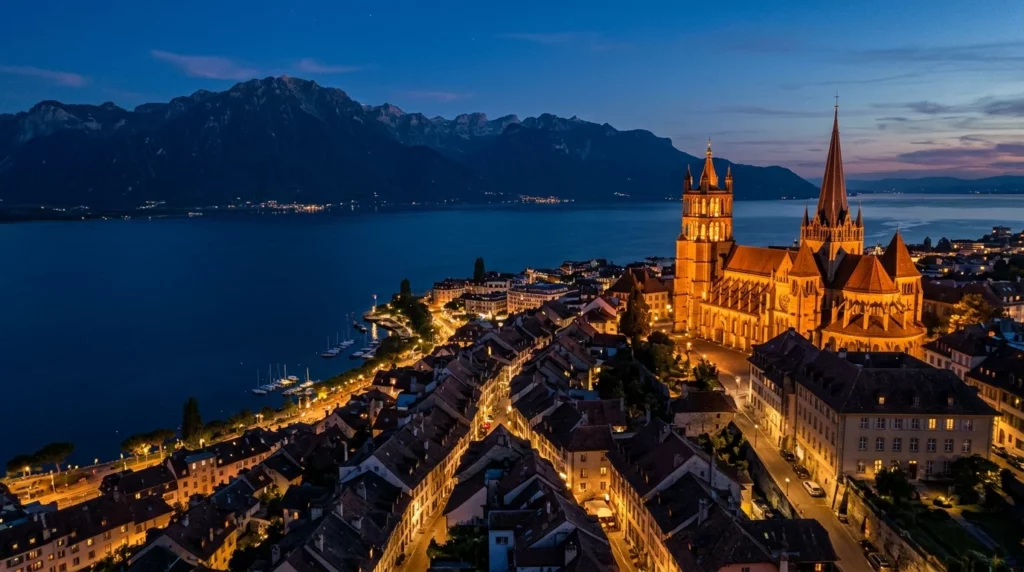 Lausanne et sa cathédrale au-dessus du Léman