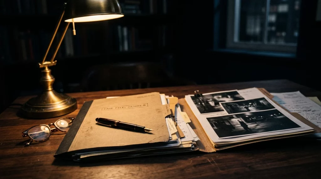 Dossier juridique et photographies sur un bureau éclairé par une lampe