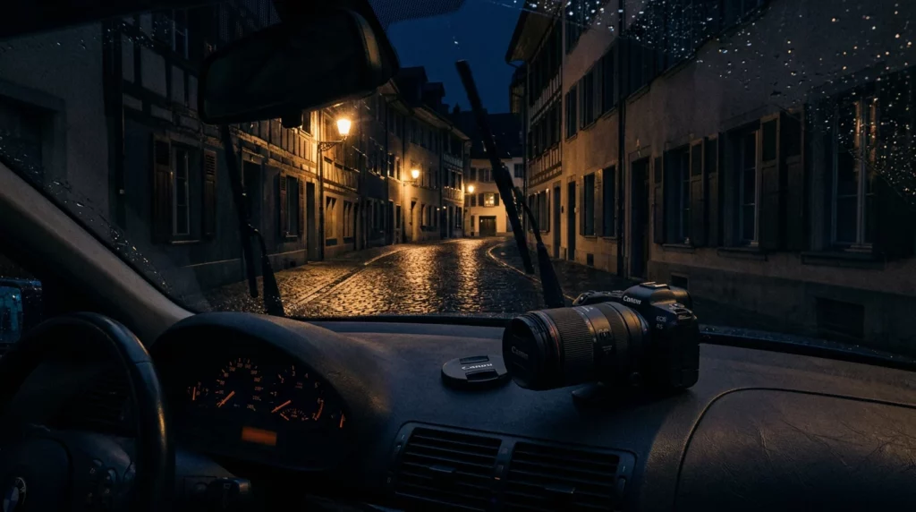Téléobjectif posé sur le tableau de bord d’une voiture lors d’une observation de nuit