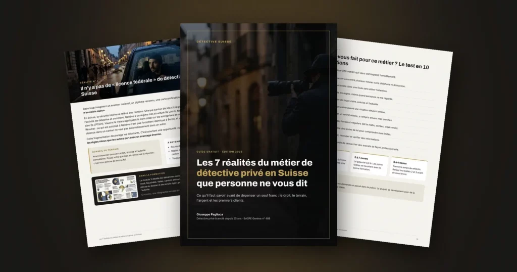 Couverture du guide gratuit Les 7 réalités du métier de détective privé en Suisse