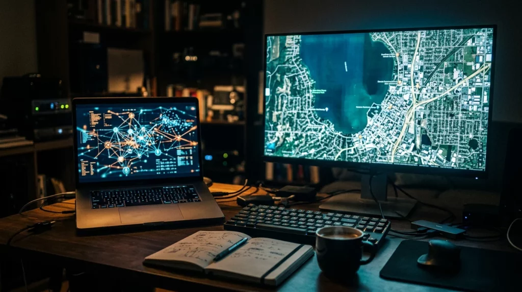 Écrans d'enquête OSINT affichant une carte et un graphe de relations entre personnes et sociétés