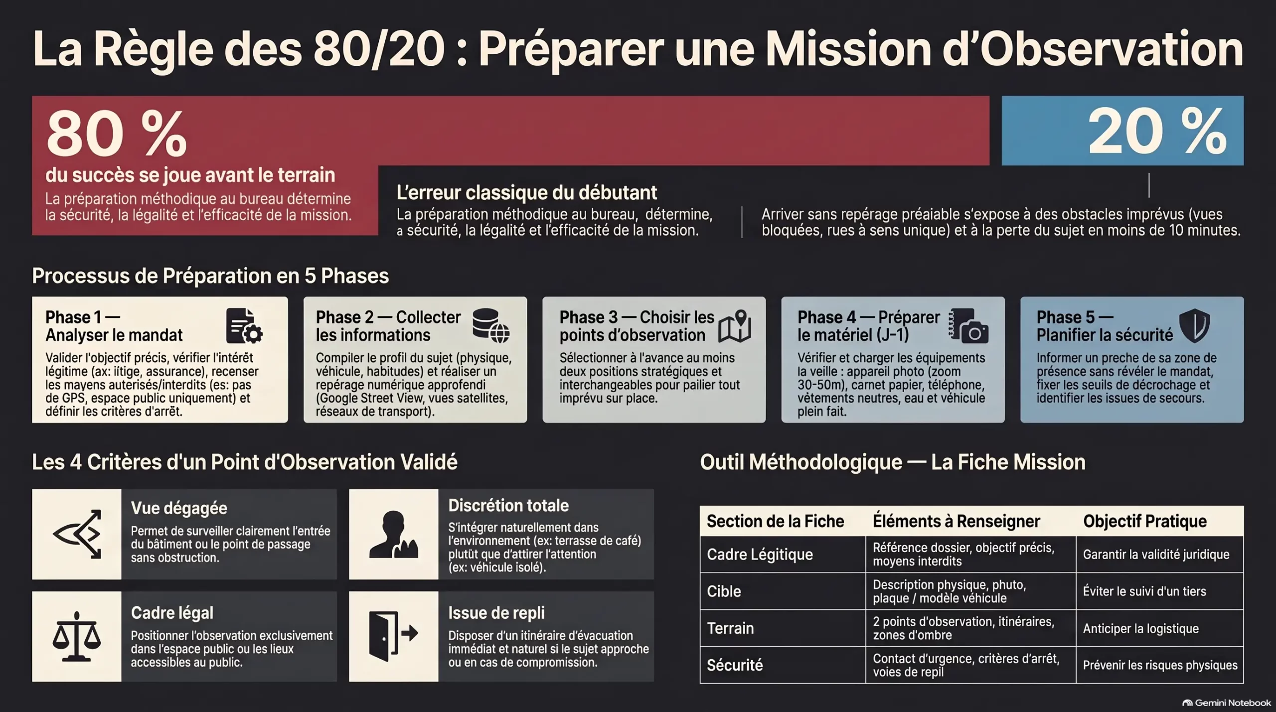 Infographie : préparer une mission d'observation (repérage, matériel, horaires)