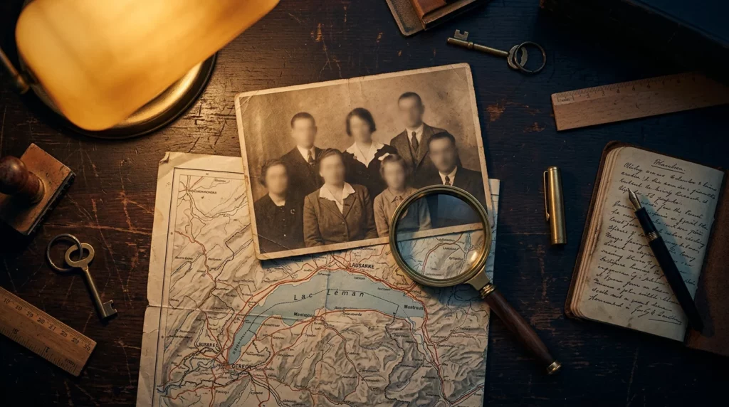 Carte du Léman, loupe et ancienne photo de famille sur une table de travail